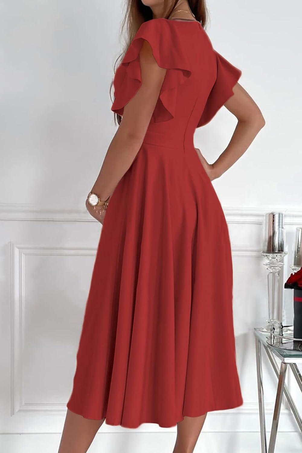 imagePRETTYGARDEN Summer Midi Dress 2026 Spring Ruffle Sleeve V Neck Cocktail Wedding Guest A Line Fit and Flared DressesRed