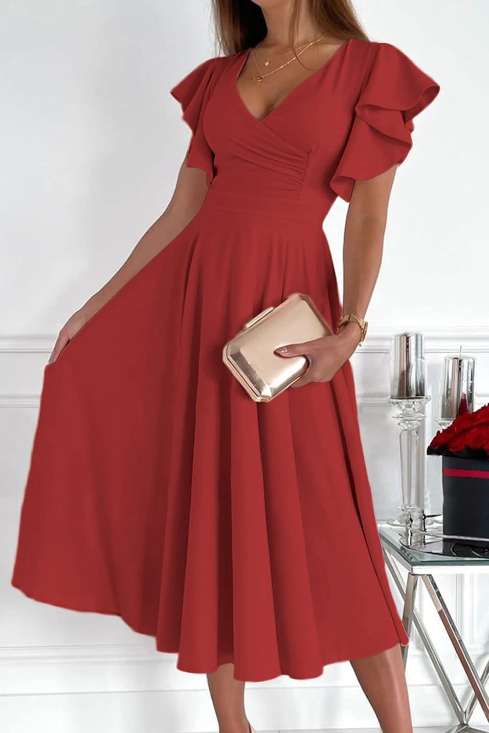 imagePRETTYGARDEN Summer Midi Dress 2026 Spring Ruffle Sleeve V Neck Cocktail Wedding Guest A Line Fit and Flared DressesRed