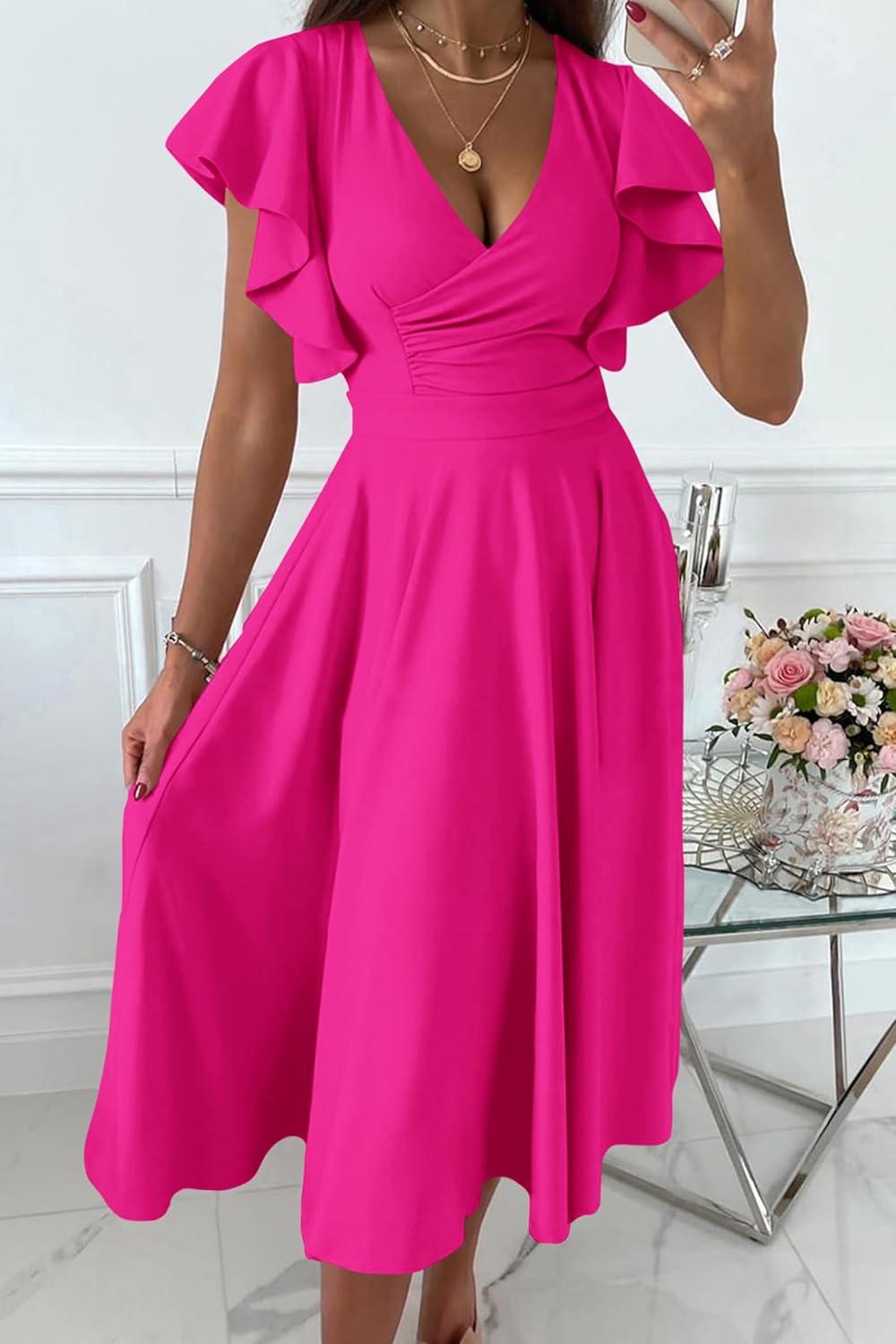 imagePRETTYGARDEN Summer Midi Dress 2026 Spring Ruffle Sleeve V Neck Cocktail Wedding Guest A Line Fit and Flared DressesRose Red