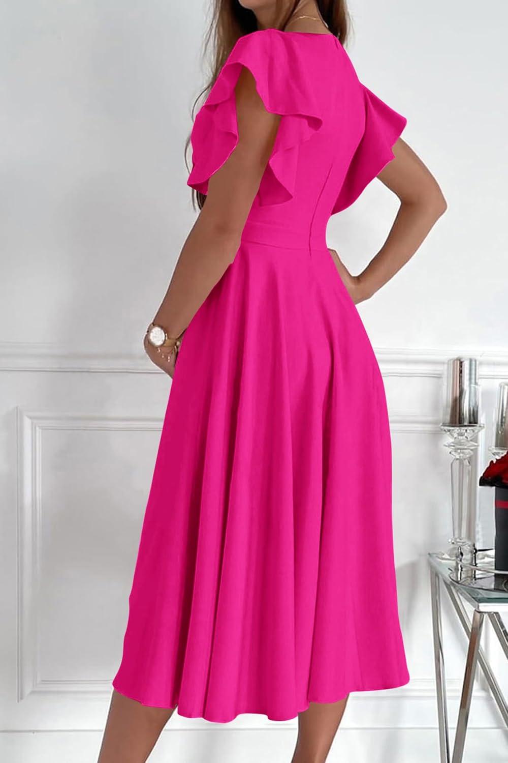 imagePRETTYGARDEN Summer Midi Dress 2026 Spring Ruffle Sleeve V Neck Cocktail Wedding Guest A Line Fit and Flared DressesRose Red