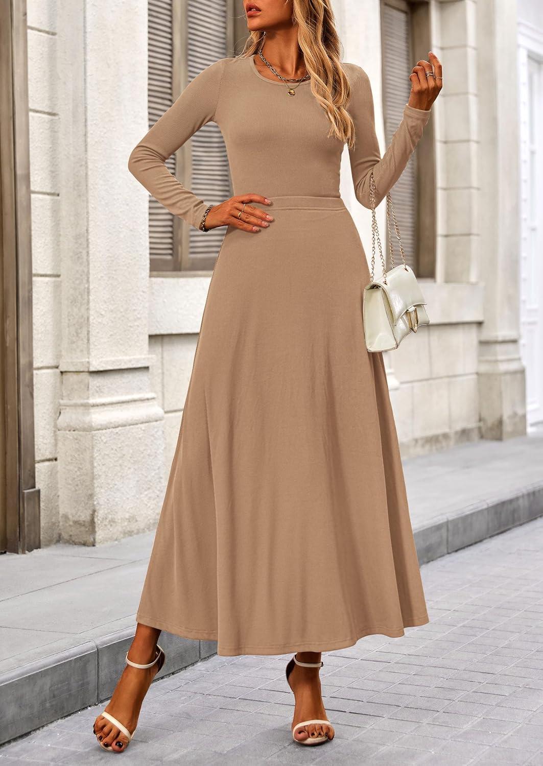 imagePRETTYGARDEN Women Fall Spring 2 Piece Outfits Dressy Casual Ribbed Knit Long Sleeve Crop Top Maxi Flowy Skirts Matching SetsCamel