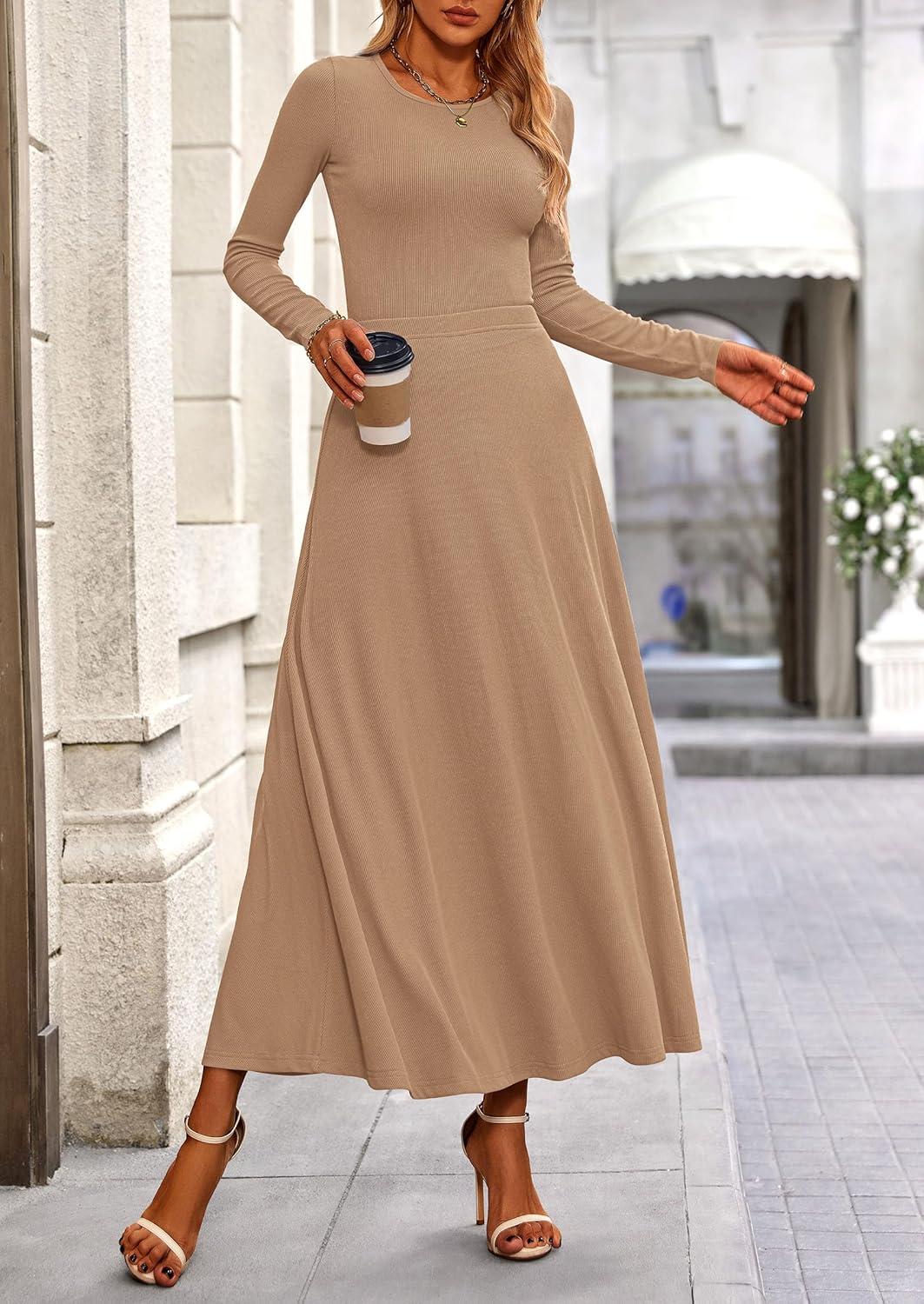 imagePRETTYGARDEN Women Fall Spring 2 Piece Outfits Dressy Casual Ribbed Knit Long Sleeve Crop Top Maxi Flowy Skirts Matching SetsCamel