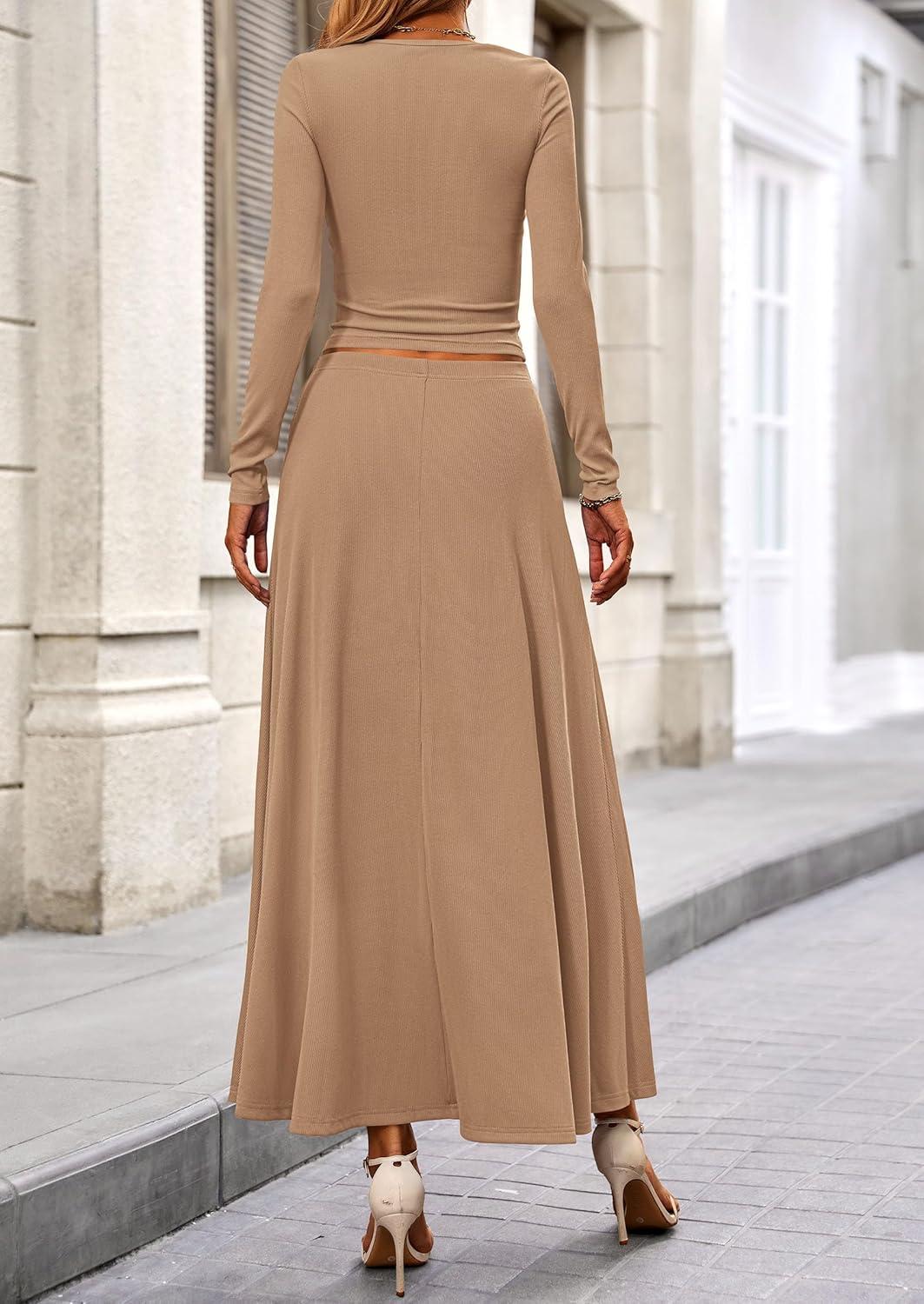 imagePRETTYGARDEN Women Fall Spring 2 Piece Outfits Dressy Casual Ribbed Knit Long Sleeve Crop Top Maxi Flowy Skirts Matching SetsCamel