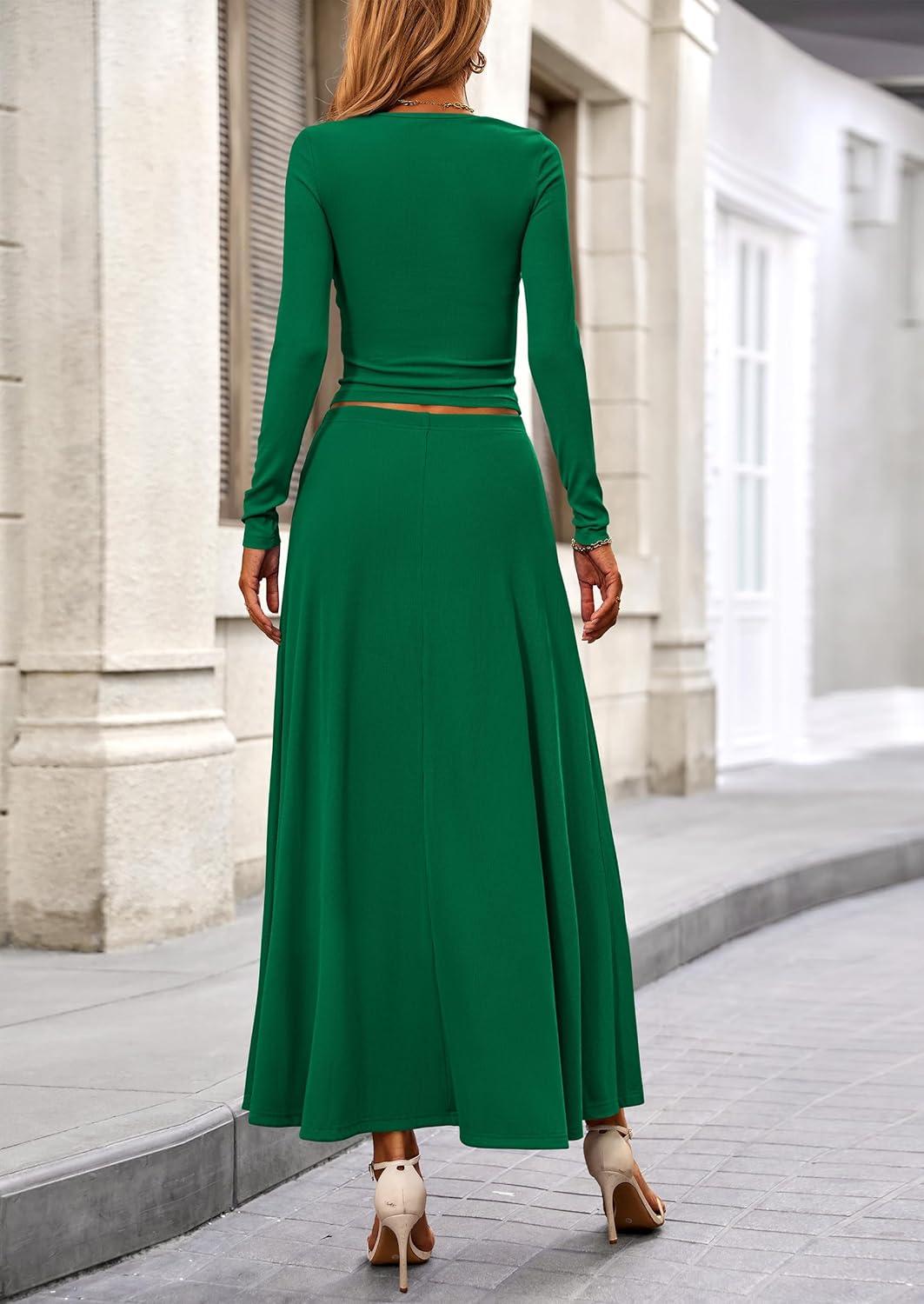 imagePRETTYGARDEN Women Fall Spring 2 Piece Outfits Dressy Casual Ribbed Knit Long Sleeve Crop Top Maxi Flowy Skirts Matching SetsGreen