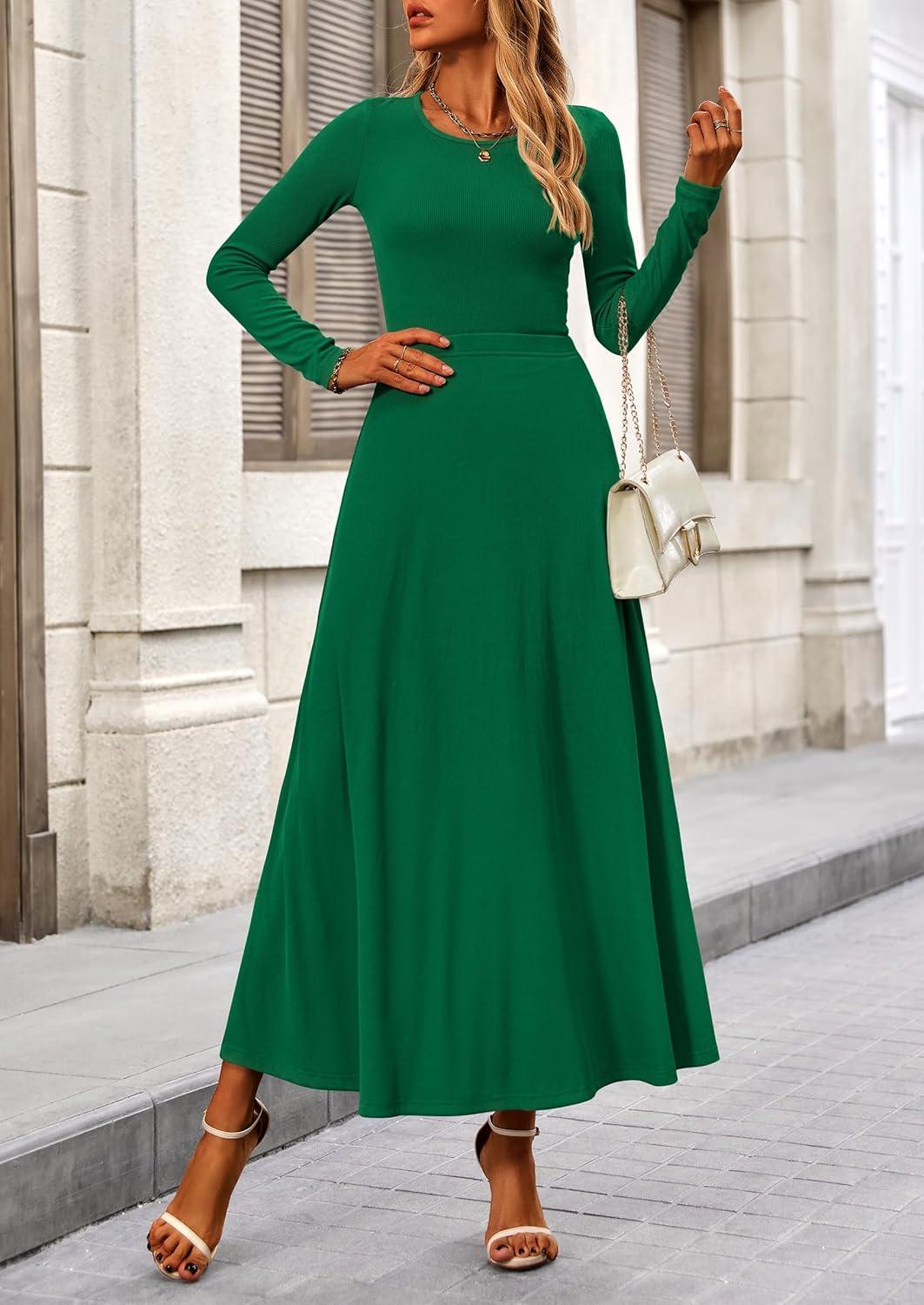 imagePRETTYGARDEN Women Fall Spring 2 Piece Outfits Dressy Casual Ribbed Knit Long Sleeve Crop Top Maxi Flowy Skirts Matching SetsGreen
