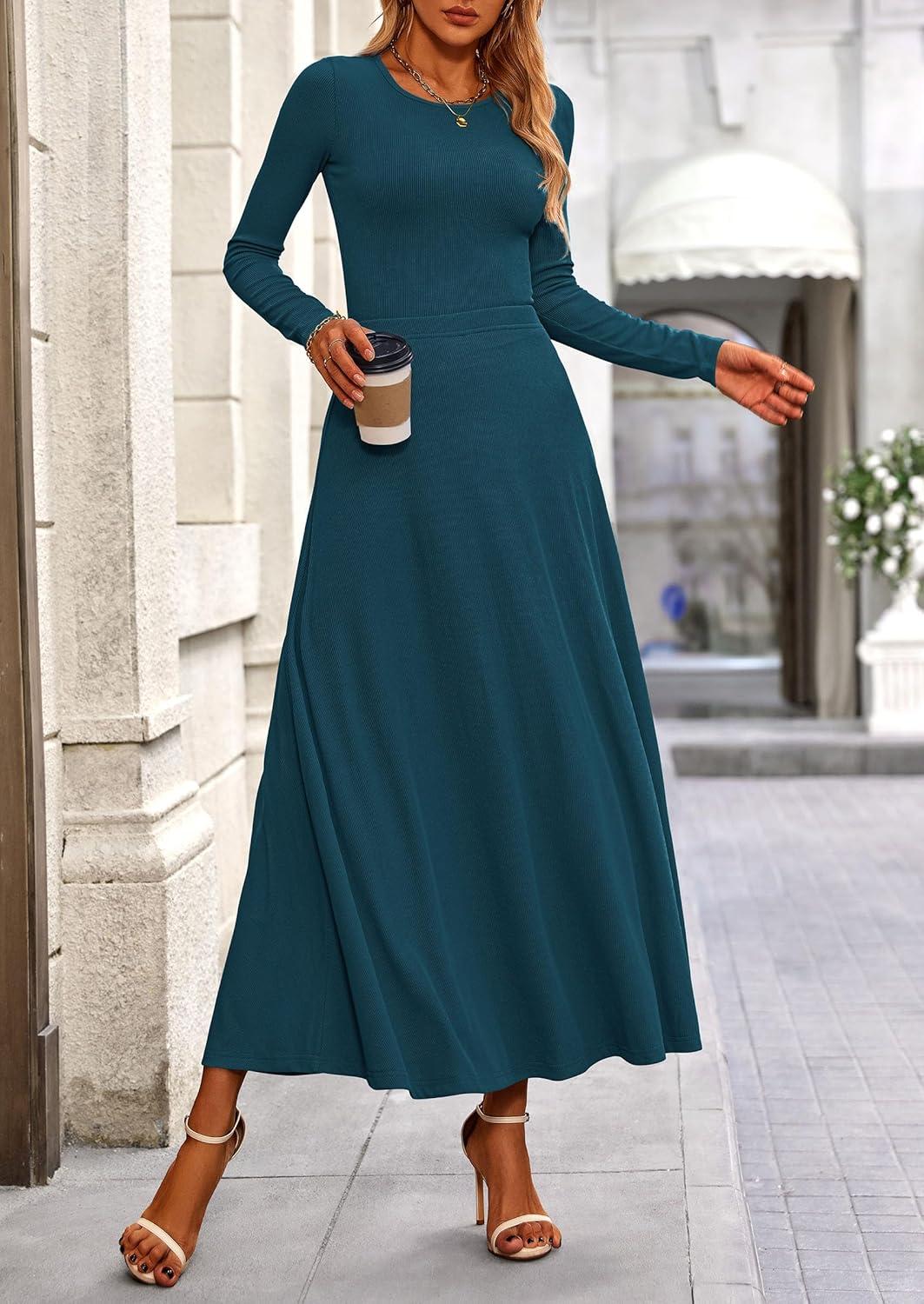 imagePRETTYGARDEN Women Fall Spring 2 Piece Outfits Dressy Casual Ribbed Knit Long Sleeve Crop Top Maxi Flowy Skirts Matching SetsLake Blue