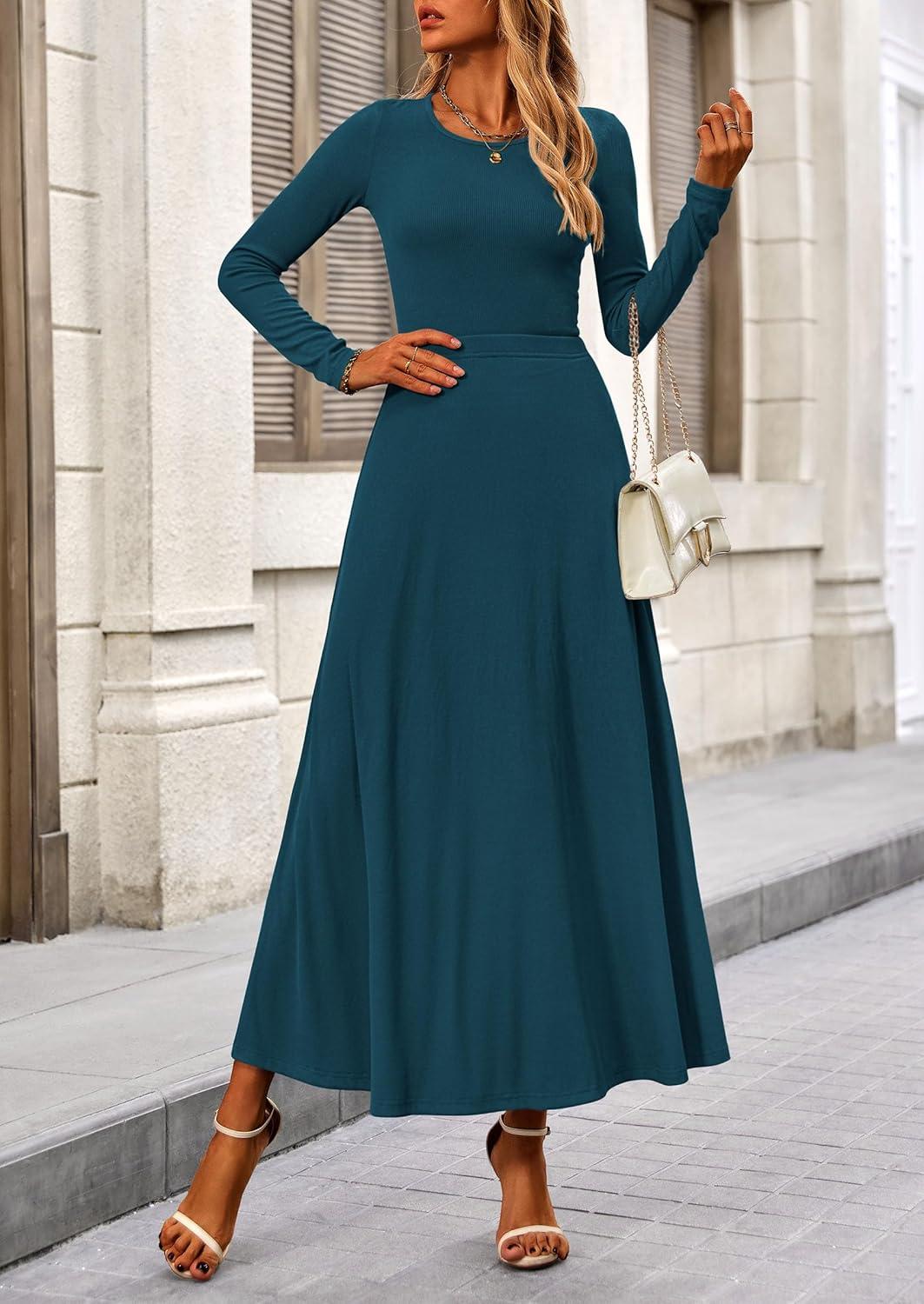 imagePRETTYGARDEN Women Fall Spring 2 Piece Outfits Dressy Casual Ribbed Knit Long Sleeve Crop Top Maxi Flowy Skirts Matching SetsLake Blue