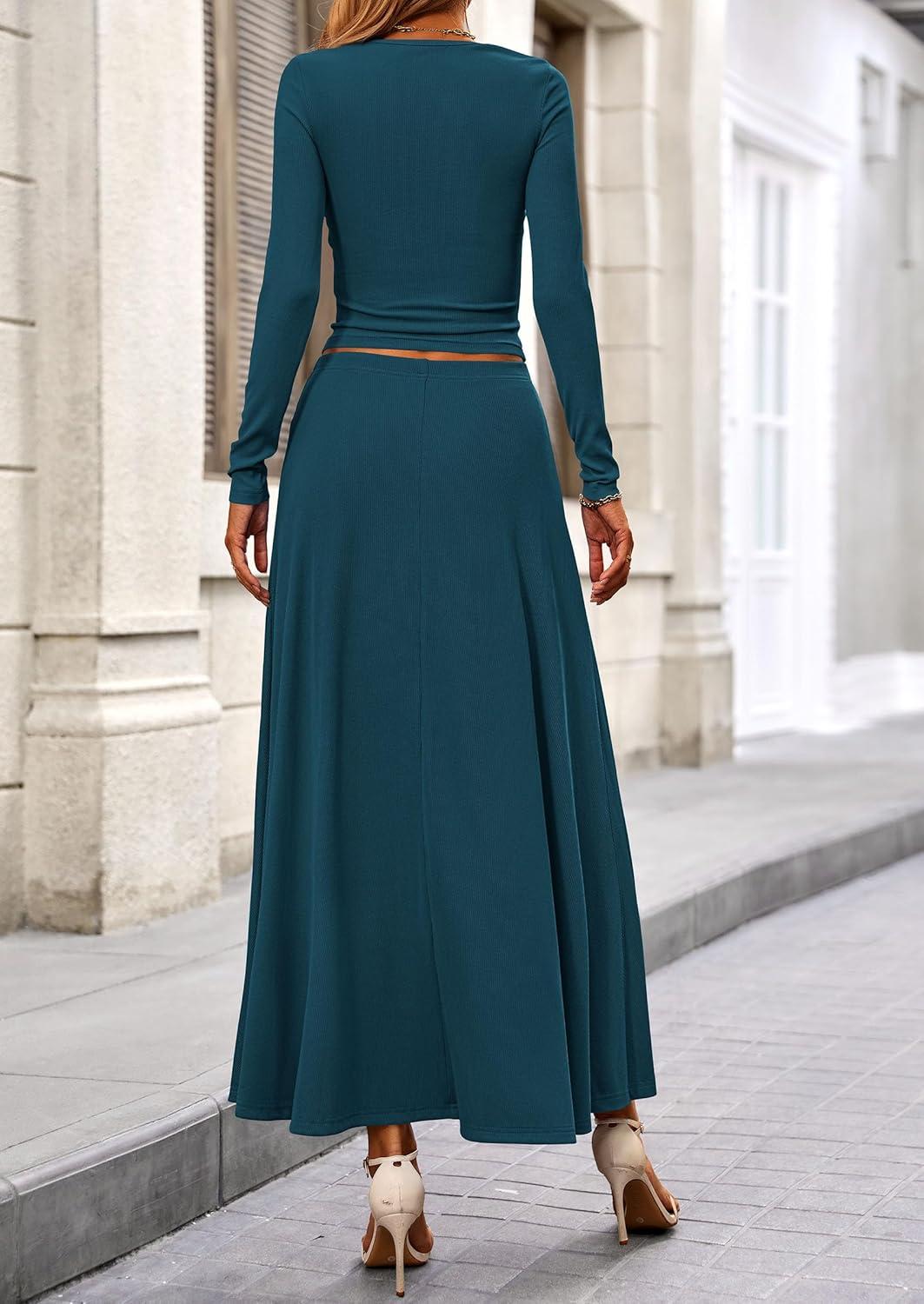 imagePRETTYGARDEN Women Fall Spring 2 Piece Outfits Dressy Casual Ribbed Knit Long Sleeve Crop Top Maxi Flowy Skirts Matching SetsLake Blue