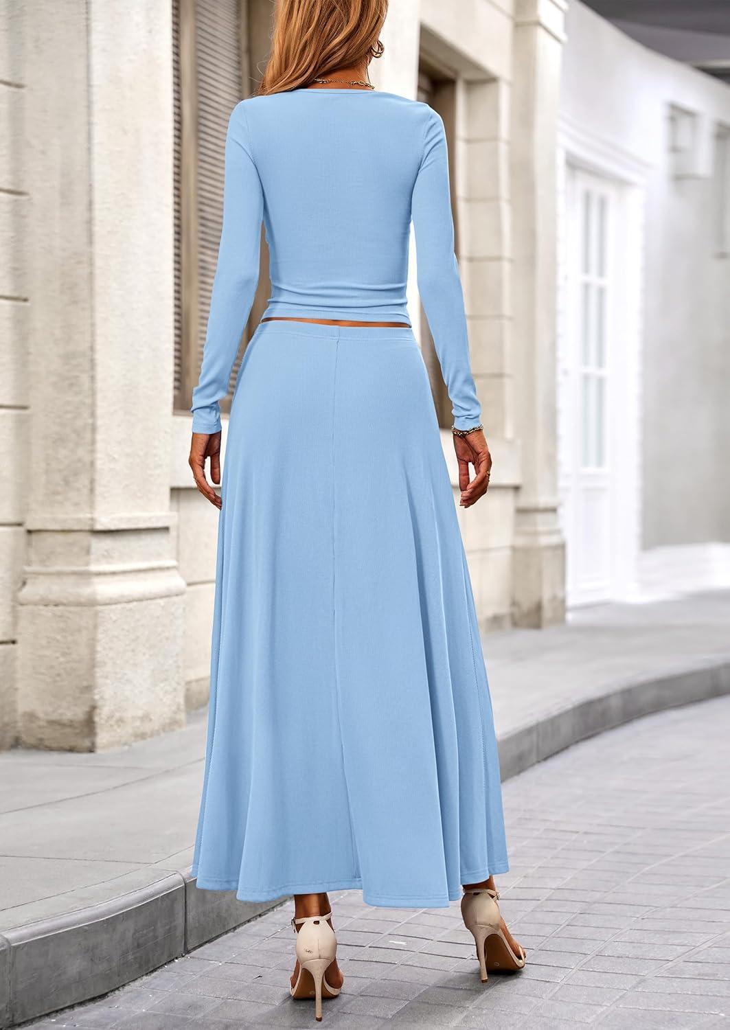 imagePRETTYGARDEN Women Fall Spring 2 Piece Outfits Dressy Casual Ribbed Knit Long Sleeve Crop Top Maxi Flowy Skirts Matching SetsLight Blue