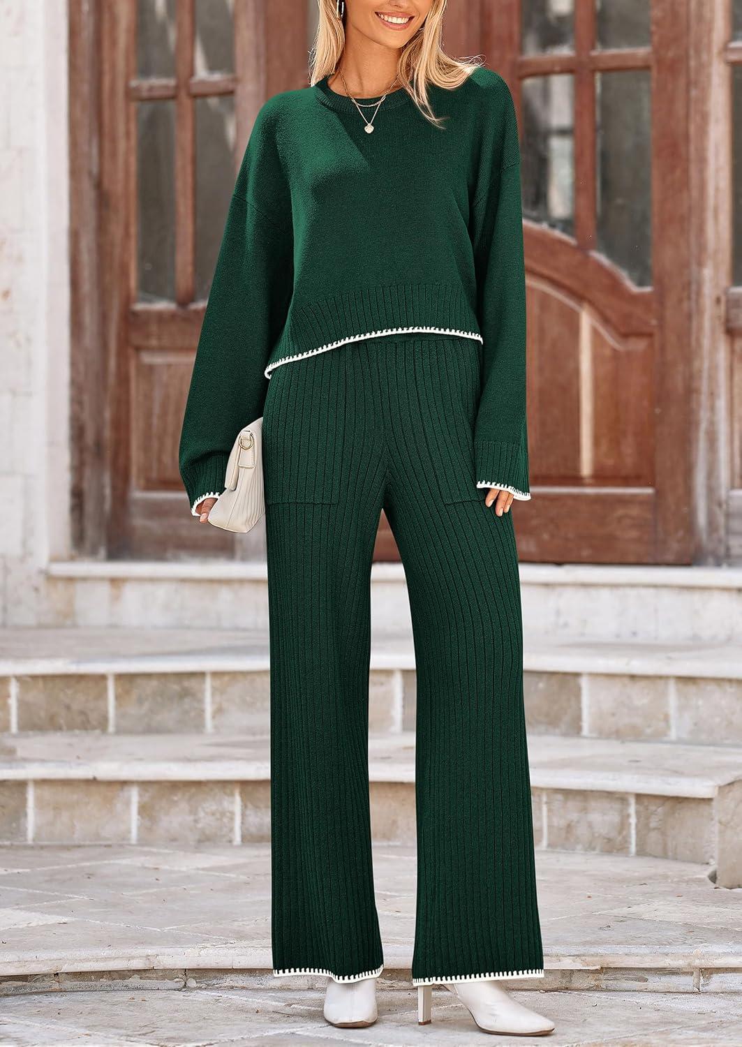 imagePRETTYGARDEN Womens 2 Piece Fall Outfits Long Sleeve Crop Top Wide Leg Pants Knit Pullover Sweater Lounge Set