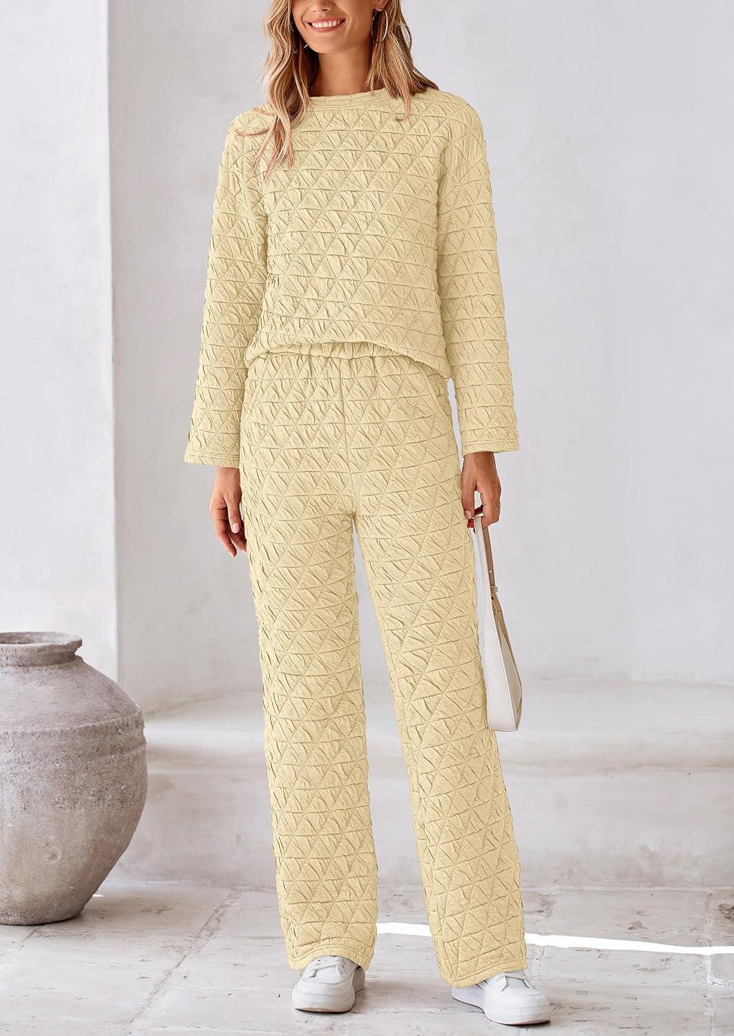 imagePRETTYGARDEN Womens 2 Piece Outfits Fall Fashion Clothes Quilted Long Sleeve Tops Wide Leg Pants Matching Lounge Sets