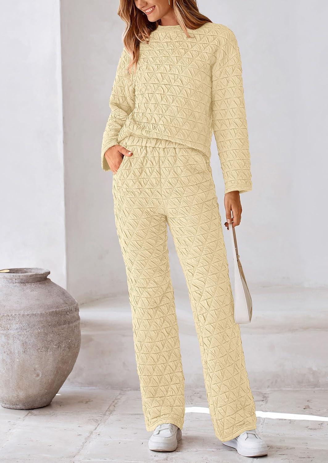 imagePRETTYGARDEN Womens 2 Piece Outfits Fall Fashion Clothes Quilted Long Sleeve Tops Wide Leg Pants Matching Lounge Sets