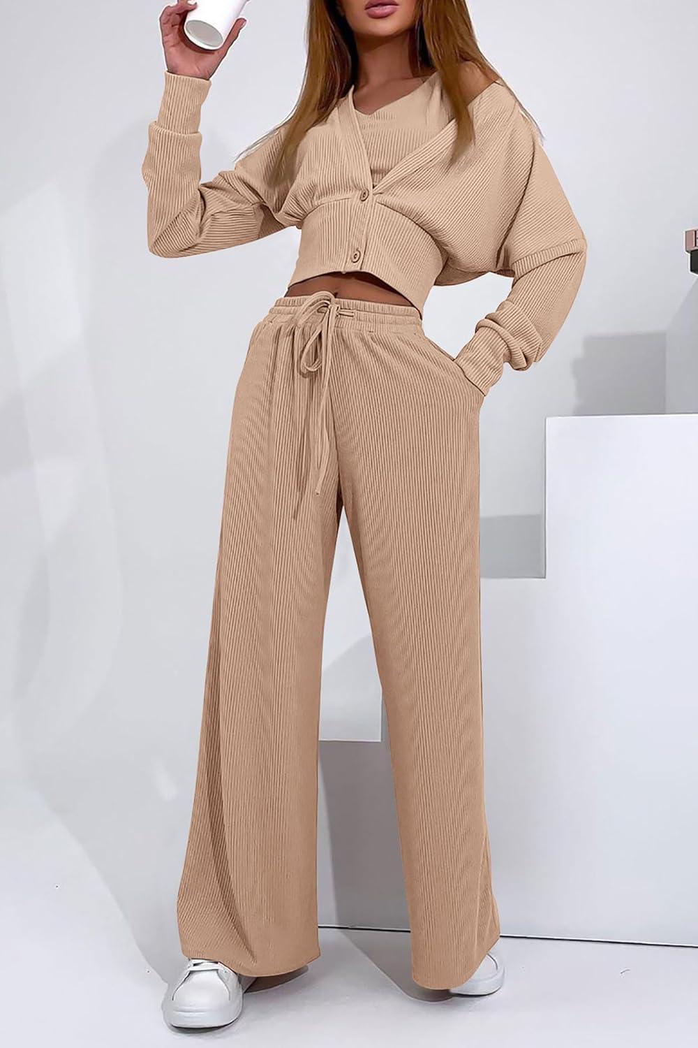imagePRETTYGARDEN Womens 2024 Fall Track Suits 3 Piece Outfits Matching Sets Ribbed Knit Cardigan Cropped Tank Tops Wide Leg Pants
