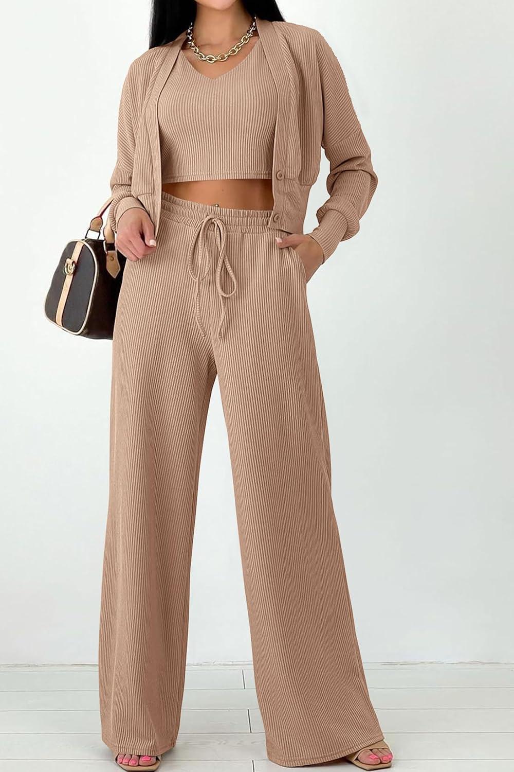 imagePRETTYGARDEN Womens 2024 Fall Track Suits 3 Piece Outfits Matching Sets Ribbed Knit Cardigan Cropped Tank Tops Wide Leg Pants