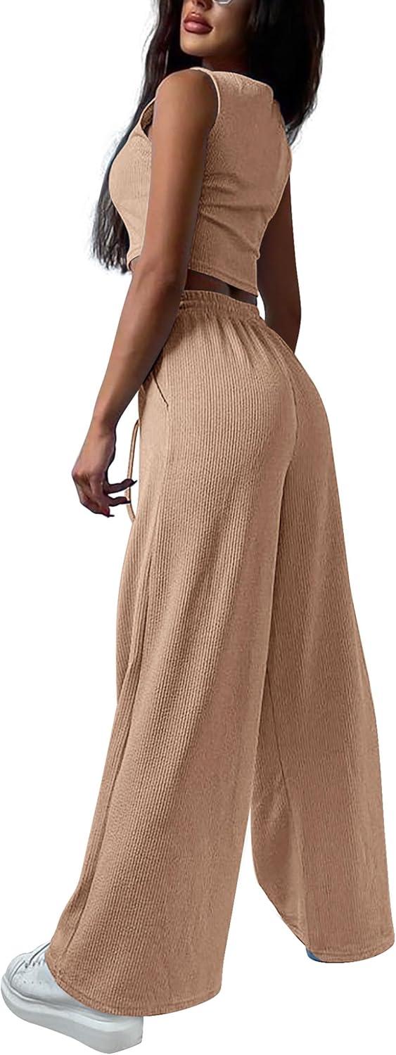 imagePRETTYGARDEN Womens 2024 Fall Track Suits 3 Piece Outfits Matching Sets Ribbed Knit Cardigan Cropped Tank Tops Wide Leg Pants