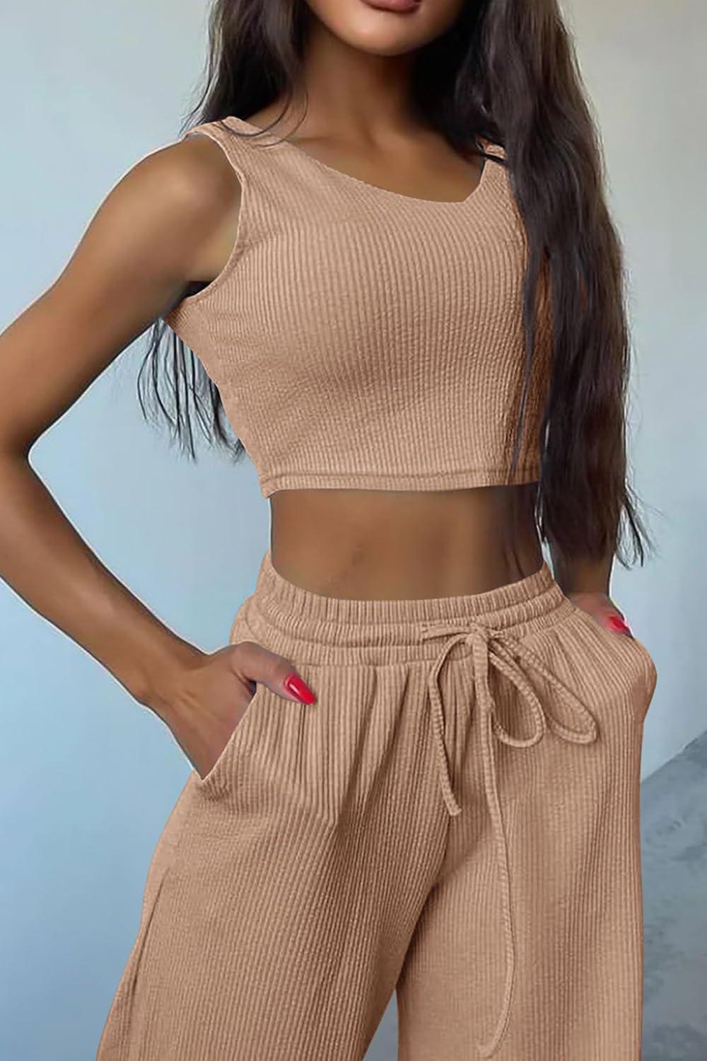 imagePRETTYGARDEN Womens 2024 Fall Track Suits 3 Piece Outfits Matching Sets Ribbed Knit Cardigan Cropped Tank Tops Wide Leg Pants