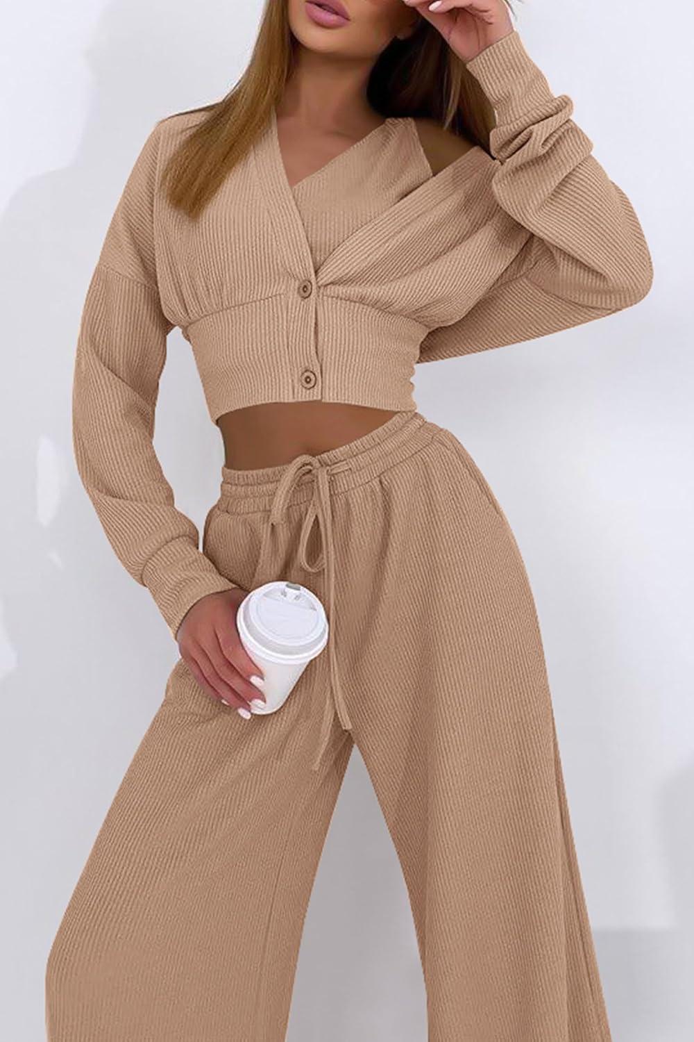 imagePRETTYGARDEN Womens 2024 Fall Track Suits 3 Piece Outfits Matching Sets Ribbed Knit Cardigan Cropped Tank Tops Wide Leg Pants
