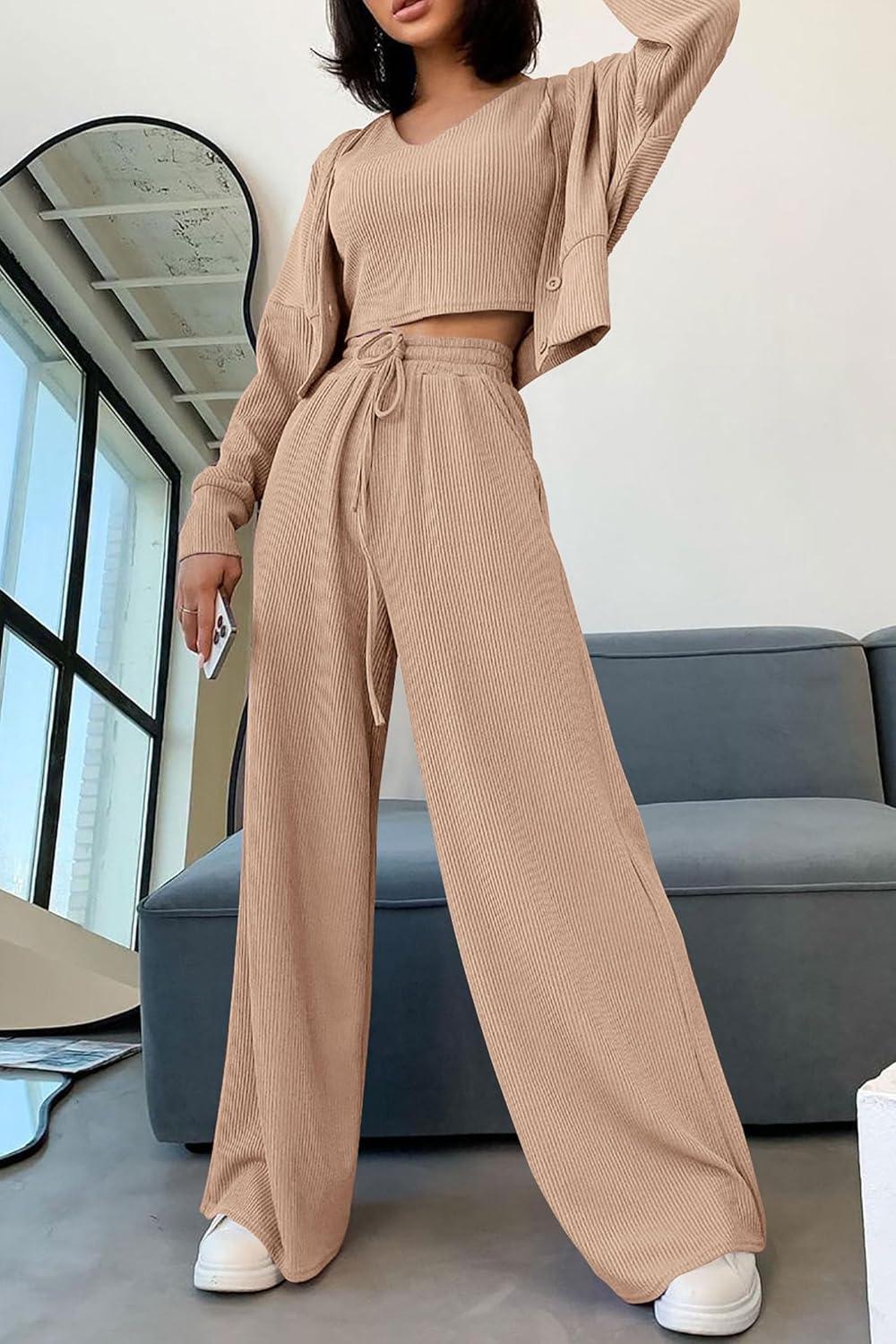 imagePRETTYGARDEN Womens 2024 Fall Track Suits 3 Piece Outfits Matching Sets Ribbed Knit Cardigan Cropped Tank Tops Wide Leg Pants