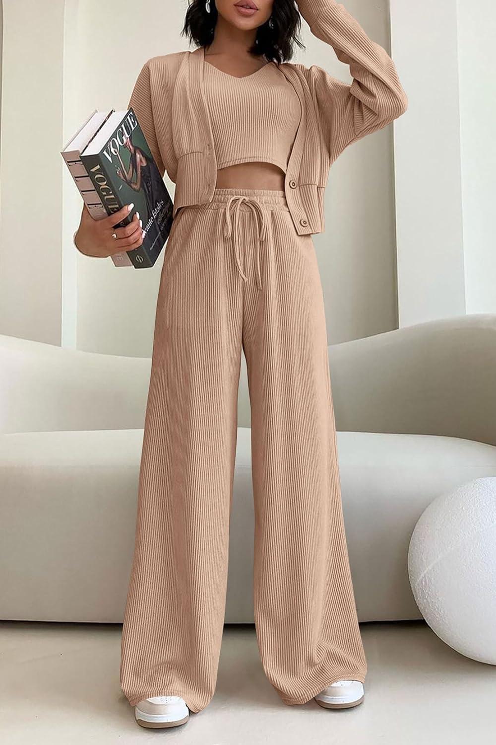 imagePRETTYGARDEN Womens 2024 Fall Track Suits 3 Piece Outfits Matching Sets Ribbed Knit Cardigan Cropped Tank Tops Wide Leg Pants