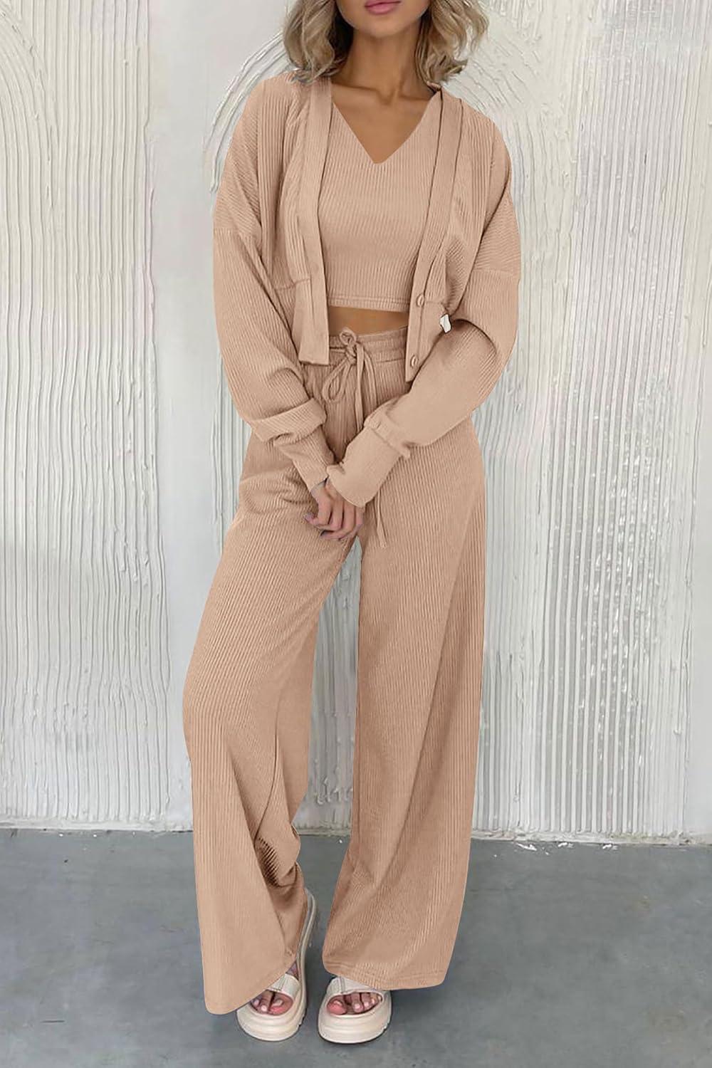 imagePRETTYGARDEN Womens 2024 Fall Track Suits 3 Piece Outfits Matching Sets Ribbed Knit Cardigan Cropped Tank Tops Wide Leg Pants