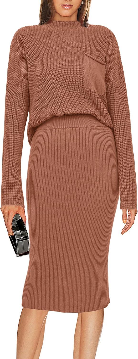 imagePRETTYGARDEN Womens 2024 Fall Two Piece Outfits Ribbed Knit Long Sleeve Pullover Sweater and Bodycon Midi Skirt Sets BrownSmall