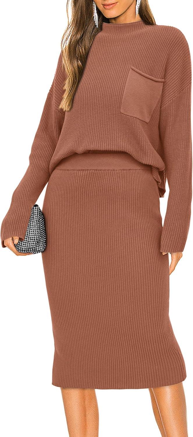 imagePRETTYGARDEN Womens 2024 Fall Two Piece Outfits Ribbed Knit Long Sleeve Pullover Sweater and Bodycon Midi Skirt Sets BrownSmall