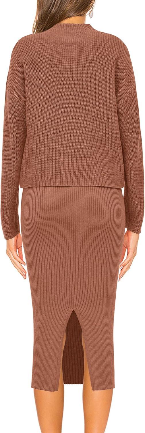 imagePRETTYGARDEN Womens 2024 Fall Two Piece Outfits Ribbed Knit Long Sleeve Pullover Sweater and Bodycon Midi Skirt Sets BrownSmall