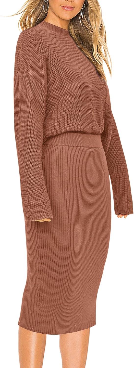imagePRETTYGARDEN Womens 2024 Fall Two Piece Outfits Ribbed Knit Long Sleeve Pullover Sweater and Bodycon Midi Skirt Sets BrownSmall