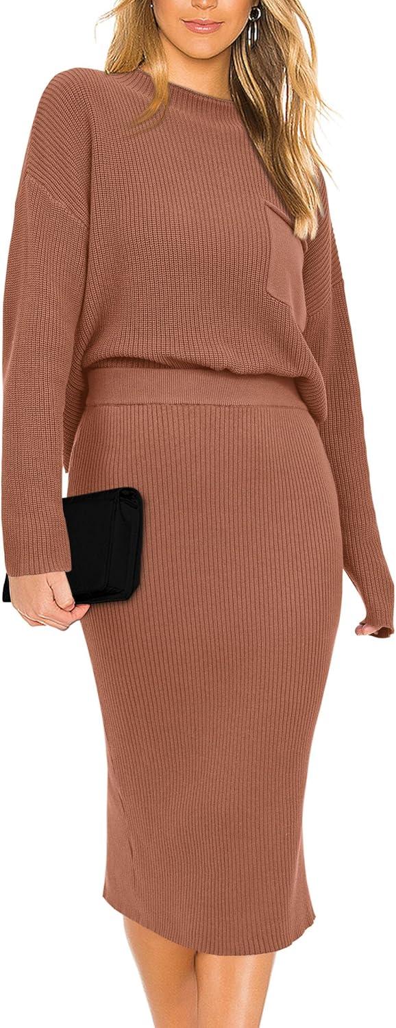 imagePRETTYGARDEN Womens 2024 Fall Two Piece Outfits Ribbed Knit Long Sleeve Pullover Sweater and Bodycon Midi Skirt Sets BrownSmall