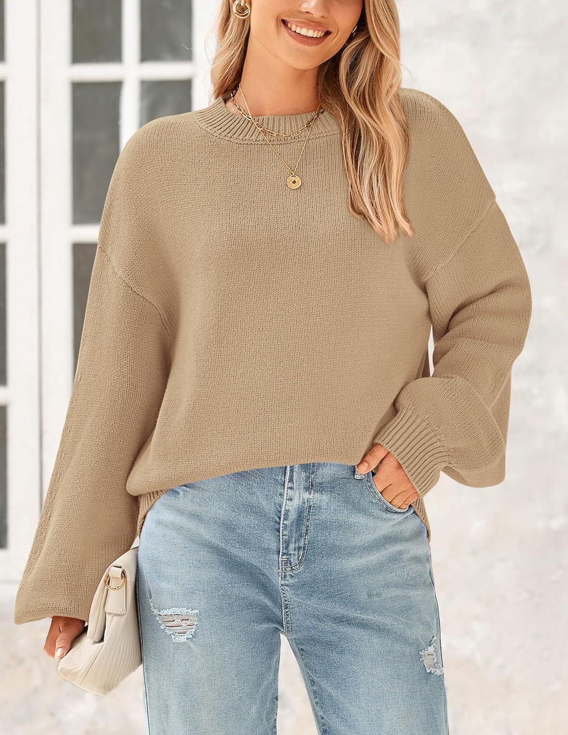 imagePRETTYGARDEN Womens 2024 Winter Chunky Knit Sweater Casual Long Lantern Sleeve Crewneck Pullover Jumper Tops