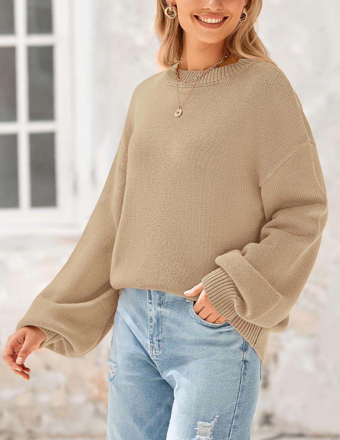 imagePRETTYGARDEN Womens 2024 Winter Chunky Knit Sweater Casual Long Lantern Sleeve Crewneck Pullover Jumper Tops