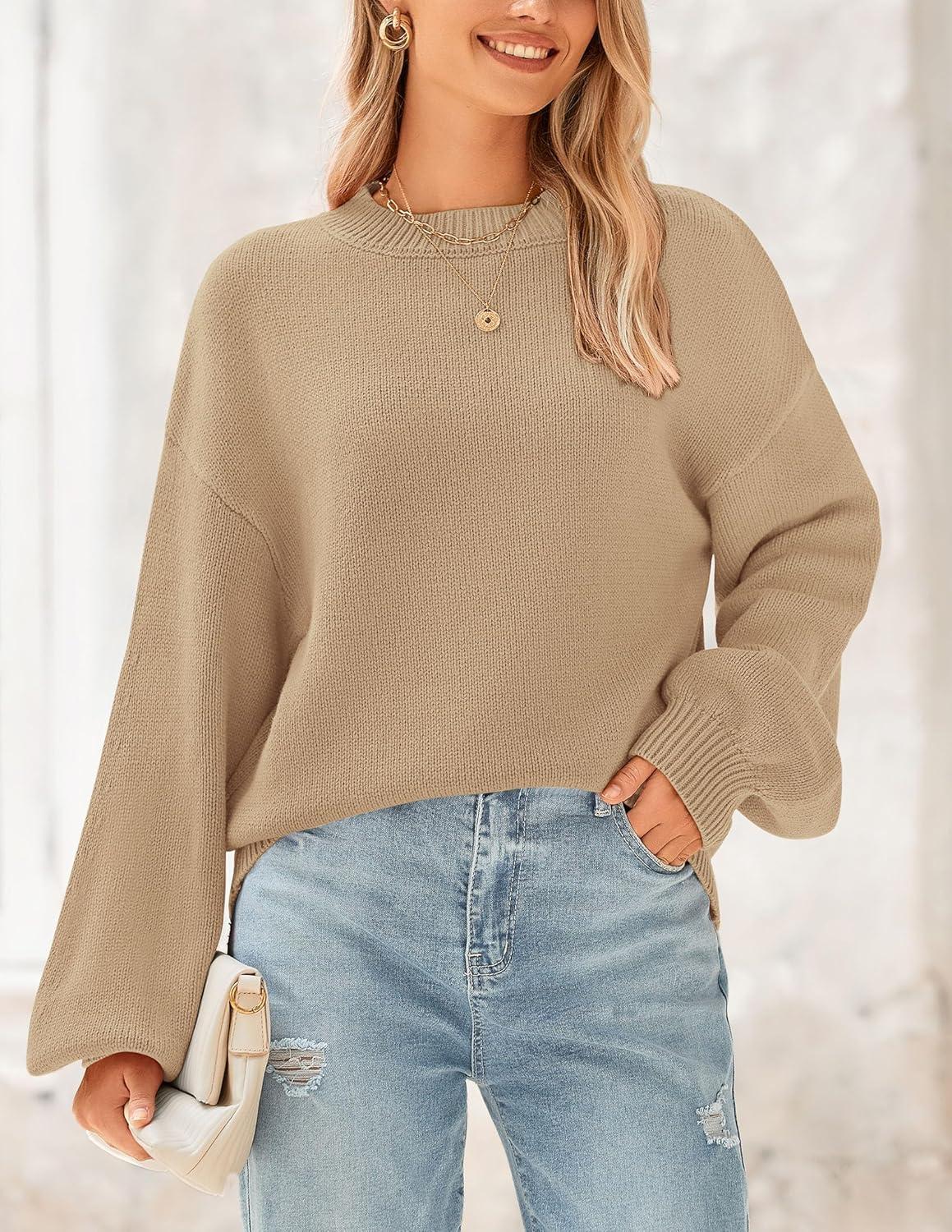 imagePRETTYGARDEN Womens 2024 Winter Chunky Knit Sweater Casual Long Lantern Sleeve Crewneck Pullover Jumper Tops