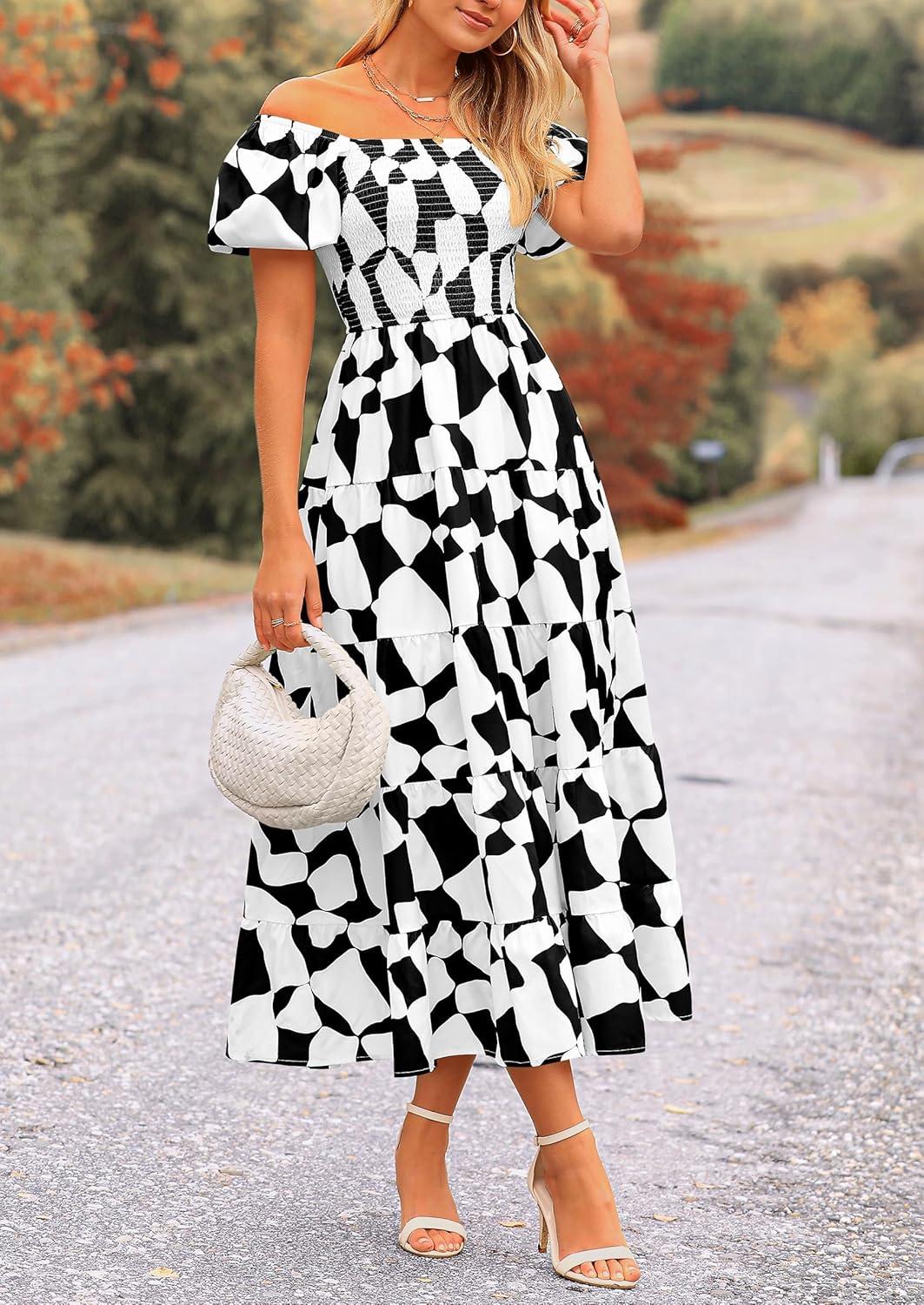imagePRETTYGARDEN Womens 2025 Summer Boho Midi Dress Off Shoulder Puff Sleeve Print Smocked Ruffle Beach Long Flowy DressesBlack