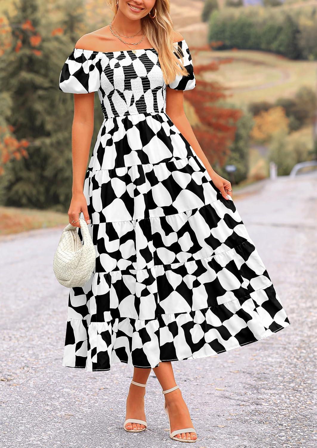 imagePRETTYGARDEN Womens 2025 Summer Boho Midi Dress Off Shoulder Puff Sleeve Print Smocked Ruffle Beach Long Flowy DressesBlack