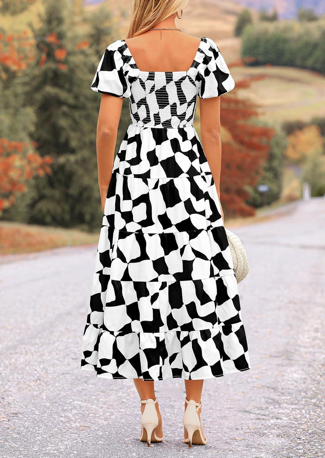 imagePRETTYGARDEN Womens 2025 Summer Boho Midi Dress Off Shoulder Puff Sleeve Print Smocked Ruffle Beach Long Flowy DressesBlack
