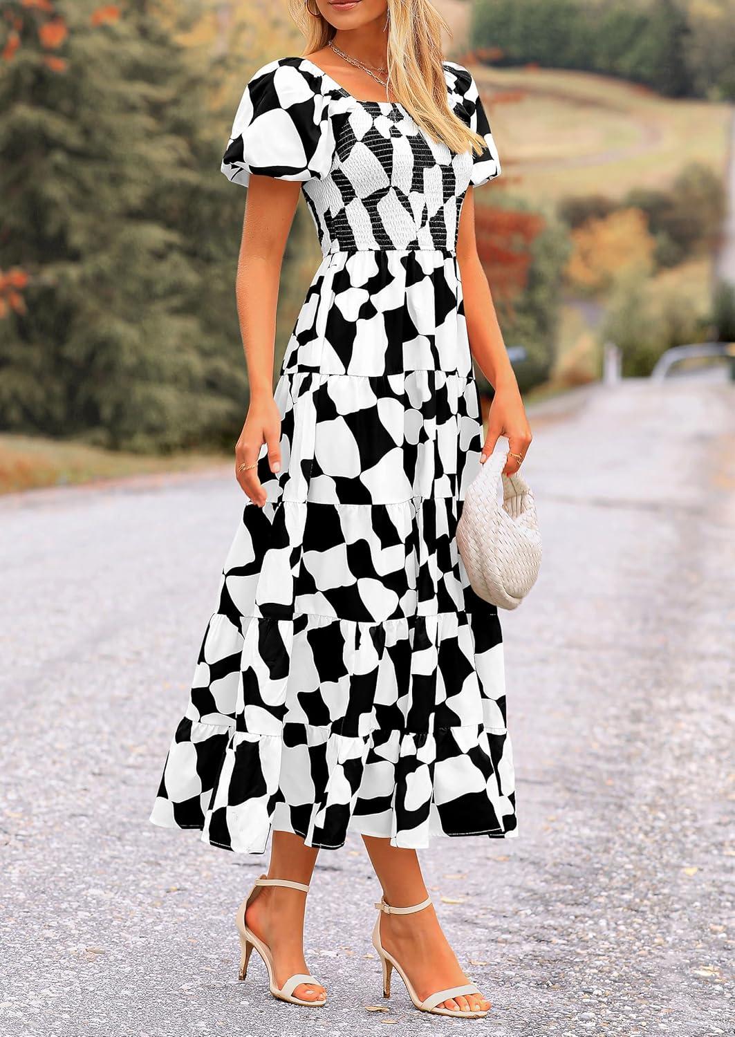 imagePRETTYGARDEN Womens 2025 Summer Boho Midi Dress Off Shoulder Puff Sleeve Print Smocked Ruffle Beach Long Flowy DressesBlack
