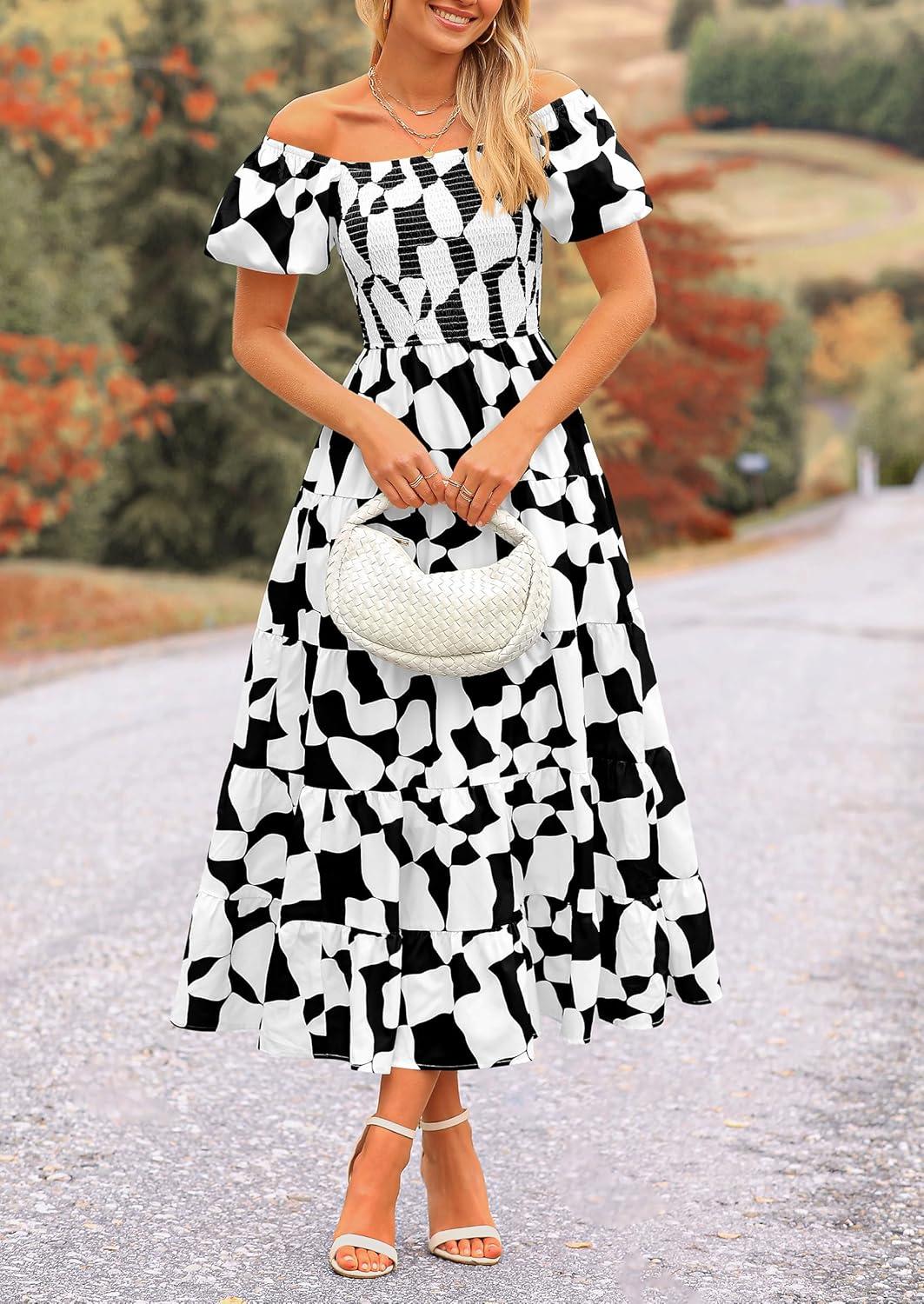 imagePRETTYGARDEN Womens 2025 Summer Boho Midi Dress Off Shoulder Puff Sleeve Print Smocked Ruffle Beach Long Flowy DressesBlack