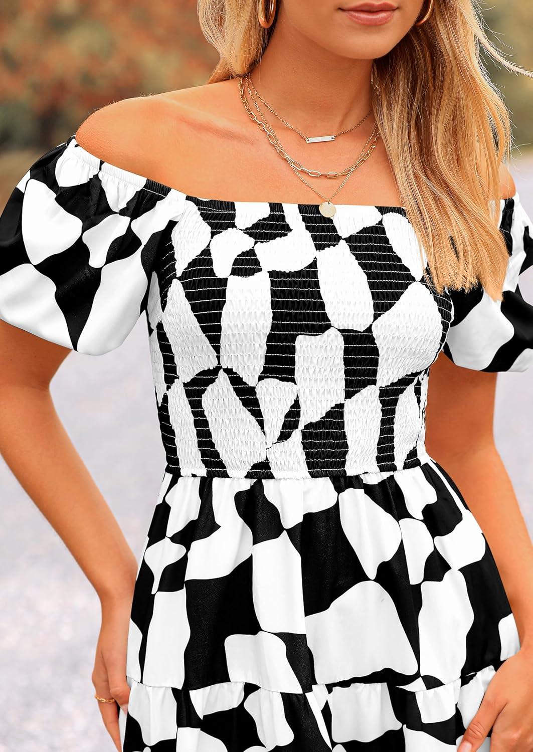 imagePRETTYGARDEN Womens 2025 Summer Boho Midi Dress Off Shoulder Puff Sleeve Print Smocked Ruffle Beach Long Flowy DressesBlack