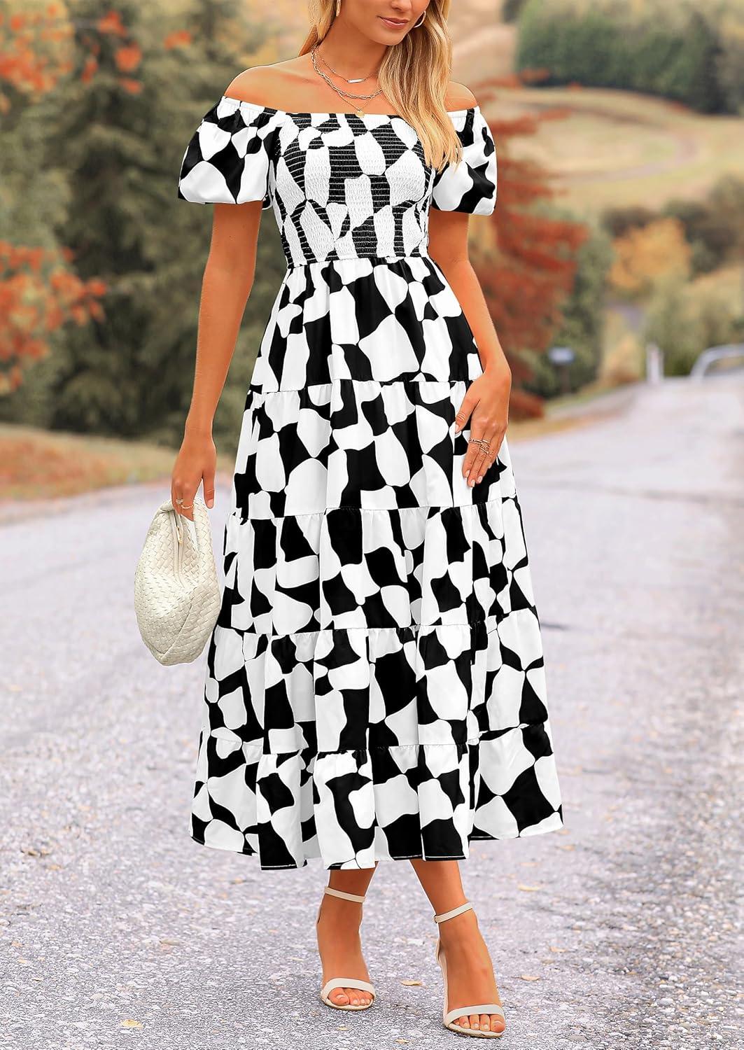 imagePRETTYGARDEN Womens 2025 Summer Boho Midi Dress Off Shoulder Puff Sleeve Print Smocked Ruffle Beach Long Flowy DressesBlack