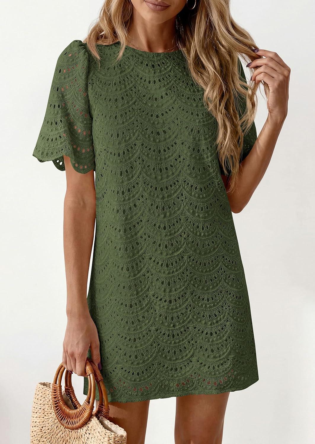 imagePRETTYGARDEN Womens 2026 Summer Casual Short Dresses Embroidered Lace Short Sleeve Boho Mini Dress Beach Vacation ClothesArmy Green