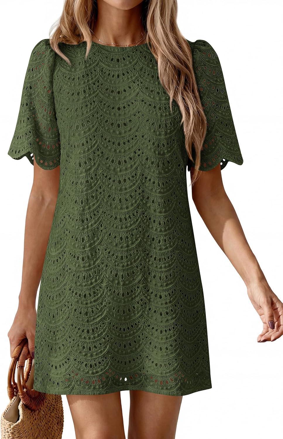 imagePRETTYGARDEN Womens 2026 Summer Casual Short Dresses Embroidered Lace Short Sleeve Boho Mini Dress Beach Vacation ClothesArmy Green