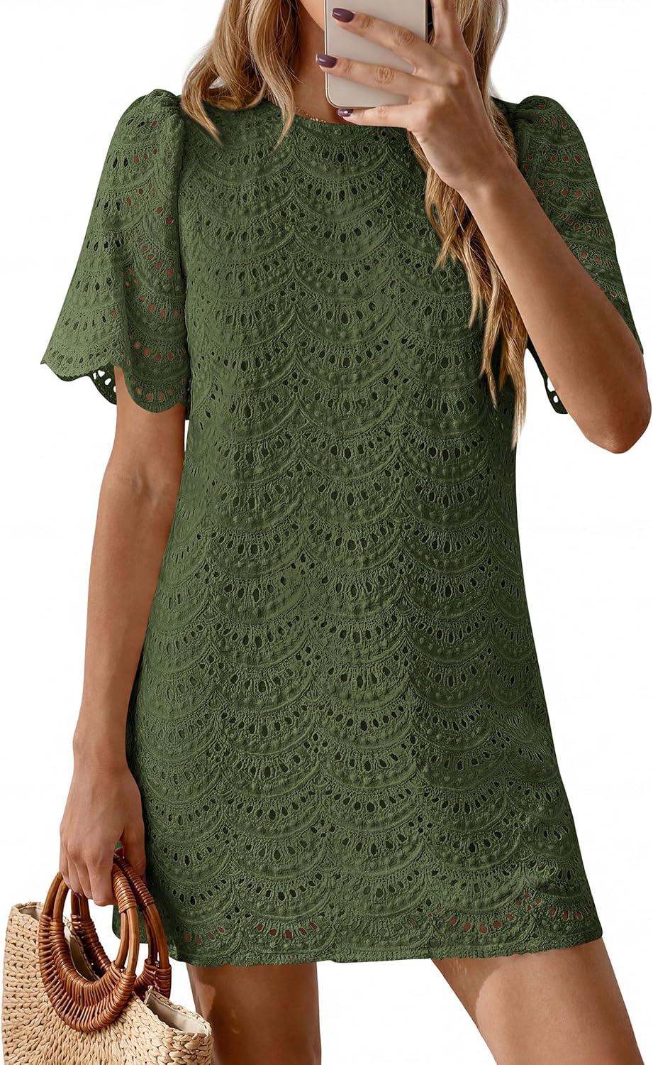 imagePRETTYGARDEN Womens 2026 Summer Casual Short Dresses Embroidered Lace Short Sleeve Boho Mini Dress Beach Vacation ClothesArmy Green