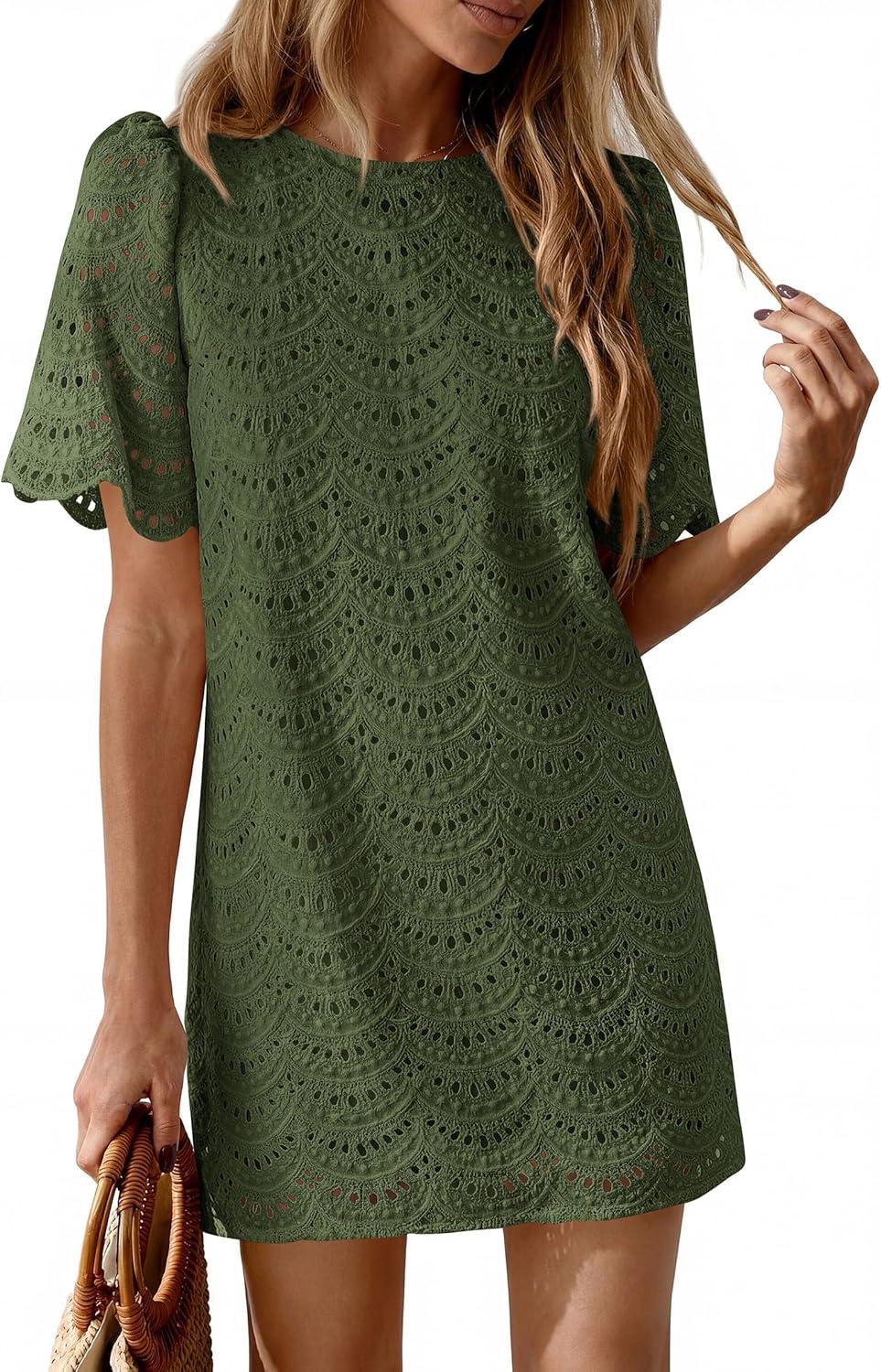 imagePRETTYGARDEN Womens 2026 Summer Casual Short Dresses Embroidered Lace Short Sleeve Boho Mini Dress Beach Vacation ClothesArmy Green