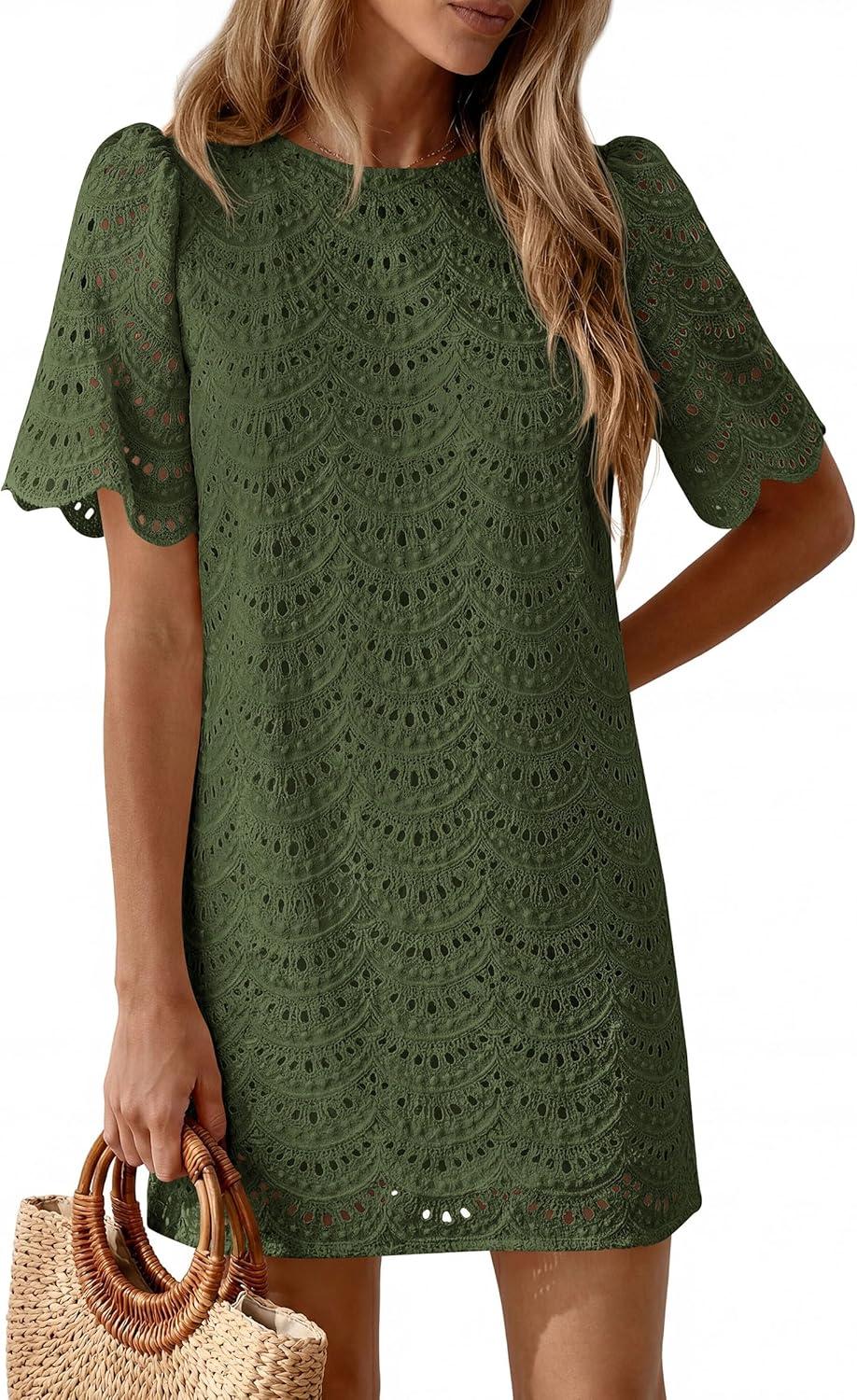 imagePRETTYGARDEN Womens 2026 Summer Casual Short Dresses Embroidered Lace Short Sleeve Boho Mini Dress Beach Vacation ClothesArmy Green