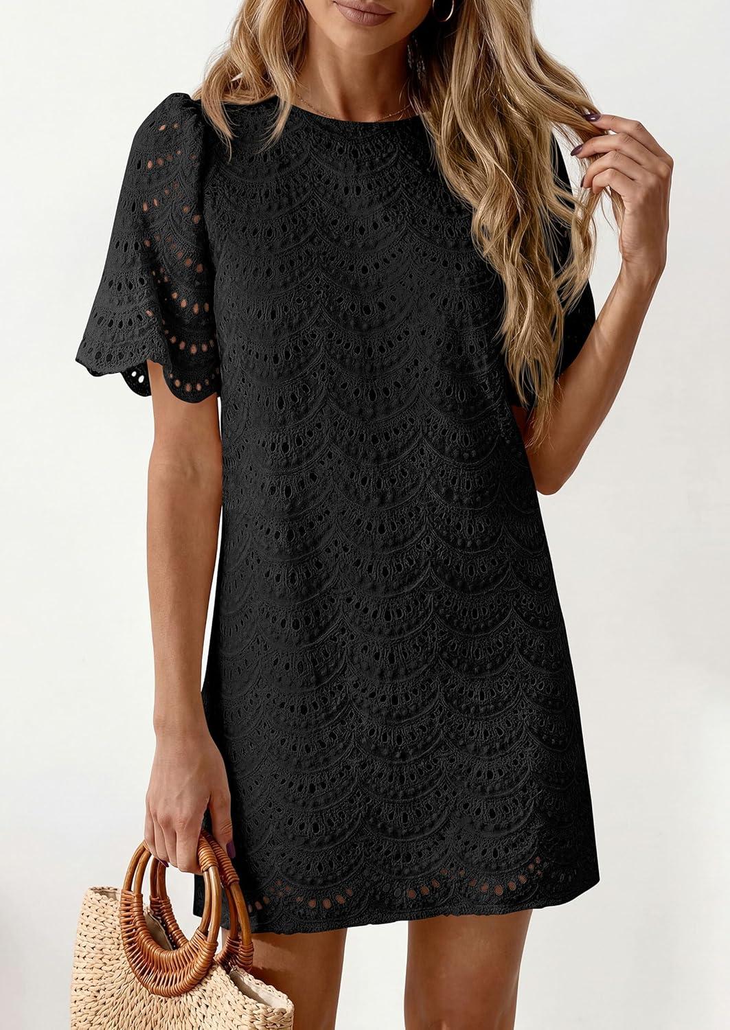 imagePRETTYGARDEN Womens 2026 Summer Casual Short Dresses Embroidered Lace Short Sleeve Boho Mini Dress Beach Vacation ClothesBlack