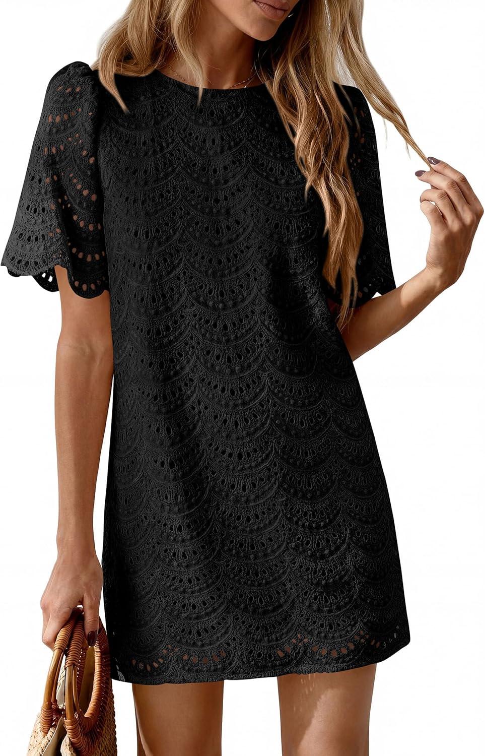 imagePRETTYGARDEN Womens 2026 Summer Casual Short Dresses Embroidered Lace Short Sleeve Boho Mini Dress Beach Vacation ClothesBlack