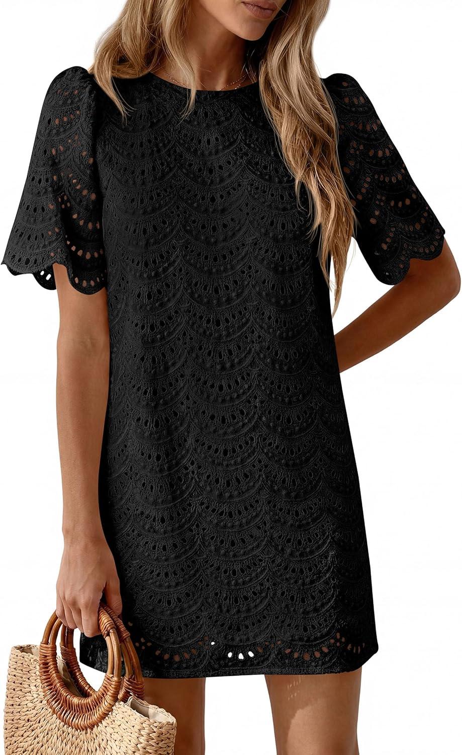 imagePRETTYGARDEN Womens 2026 Summer Casual Short Dresses Embroidered Lace Short Sleeve Boho Mini Dress Beach Vacation ClothesBlack