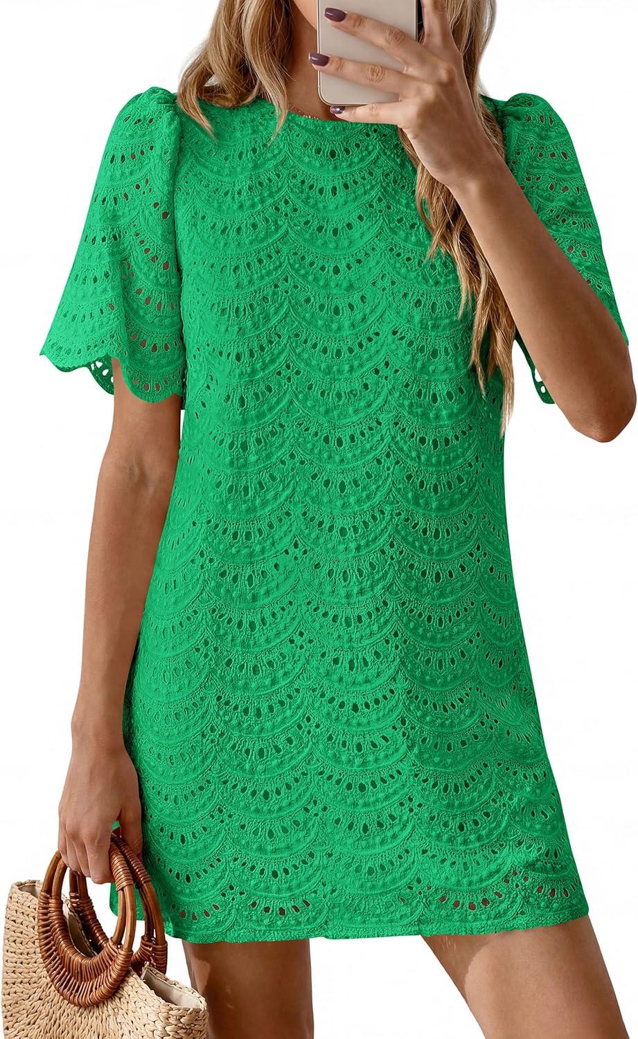 imagePRETTYGARDEN Womens 2026 Summer Casual Short Dresses Embroidered Lace Short Sleeve Boho Mini Dress Beach Vacation ClothesGreen