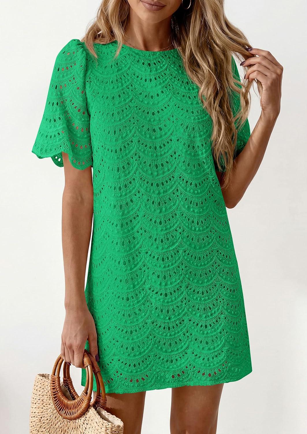 imagePRETTYGARDEN Womens 2026 Summer Casual Short Dresses Embroidered Lace Short Sleeve Boho Mini Dress Beach Vacation ClothesGreen