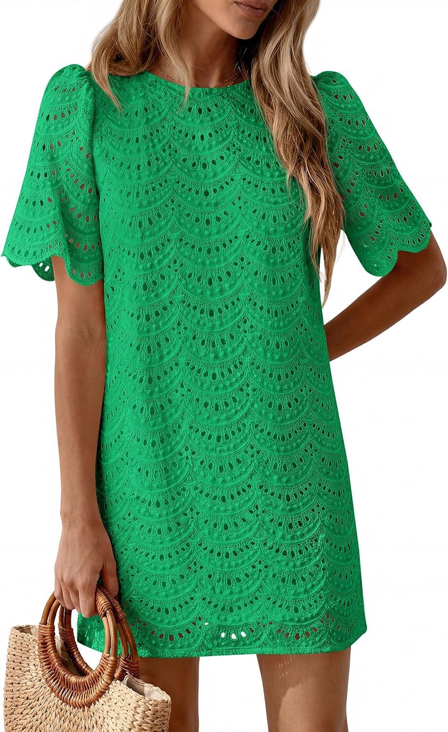 imagePRETTYGARDEN Womens 2026 Summer Casual Short Dresses Embroidered Lace Short Sleeve Boho Mini Dress Beach Vacation ClothesGreen